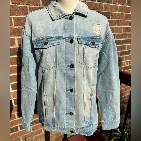 Light blue, distressed, denim jacket, size med - Picture 2 of 13
